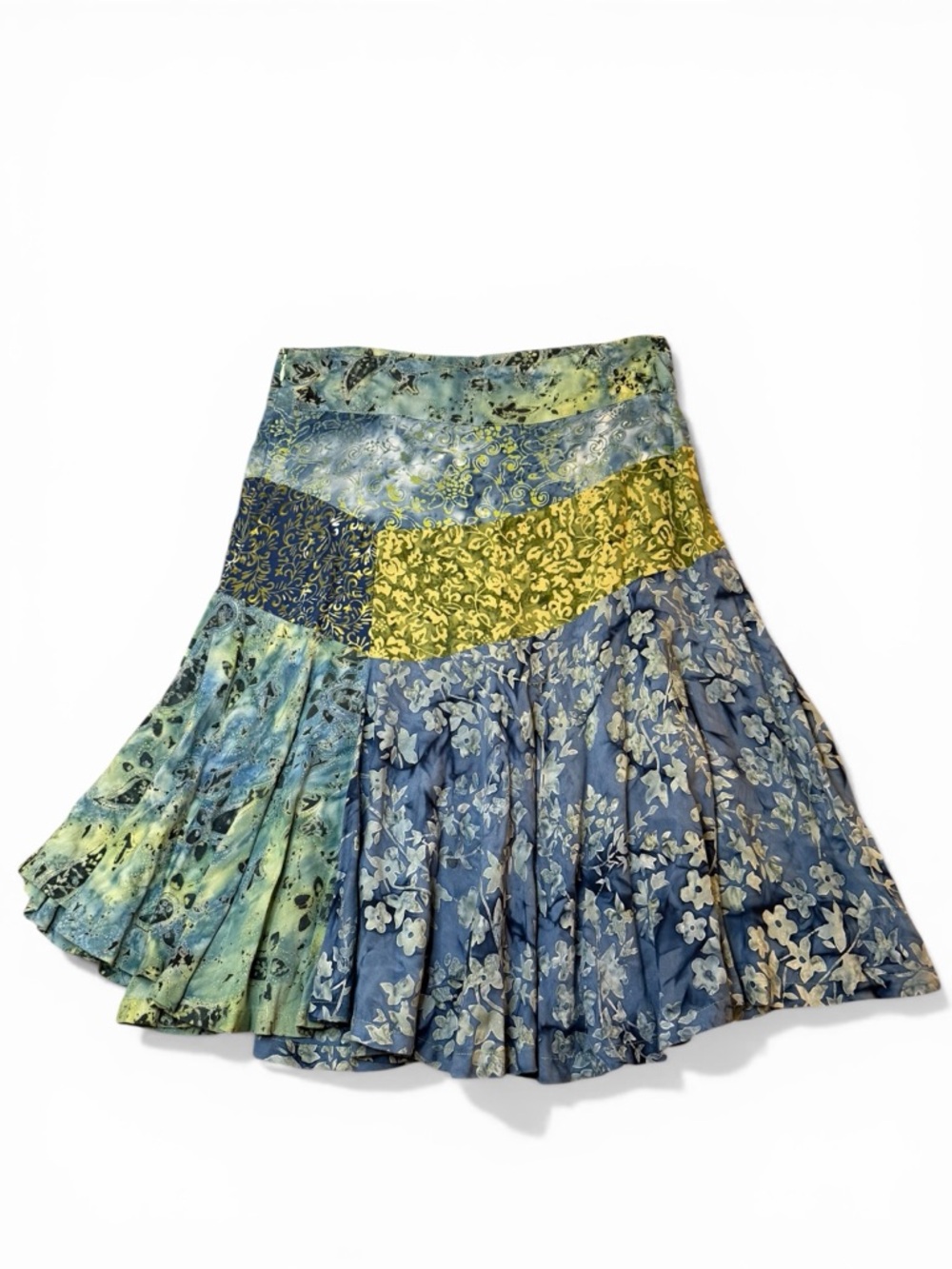 Boho Patchwork Floral Tiered Skirt in Blue and Green